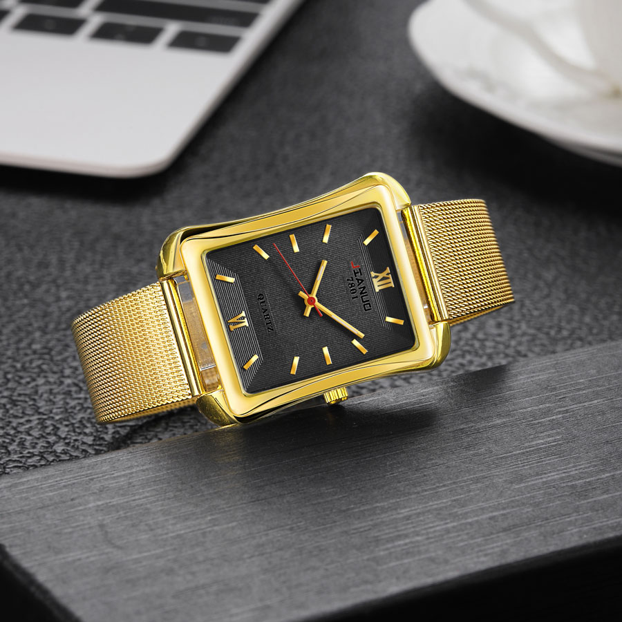 Stainless Mesh Band - Мужские кварцевые часы с квадратным циферблатом,